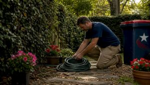 Man draining garden hose in backyard