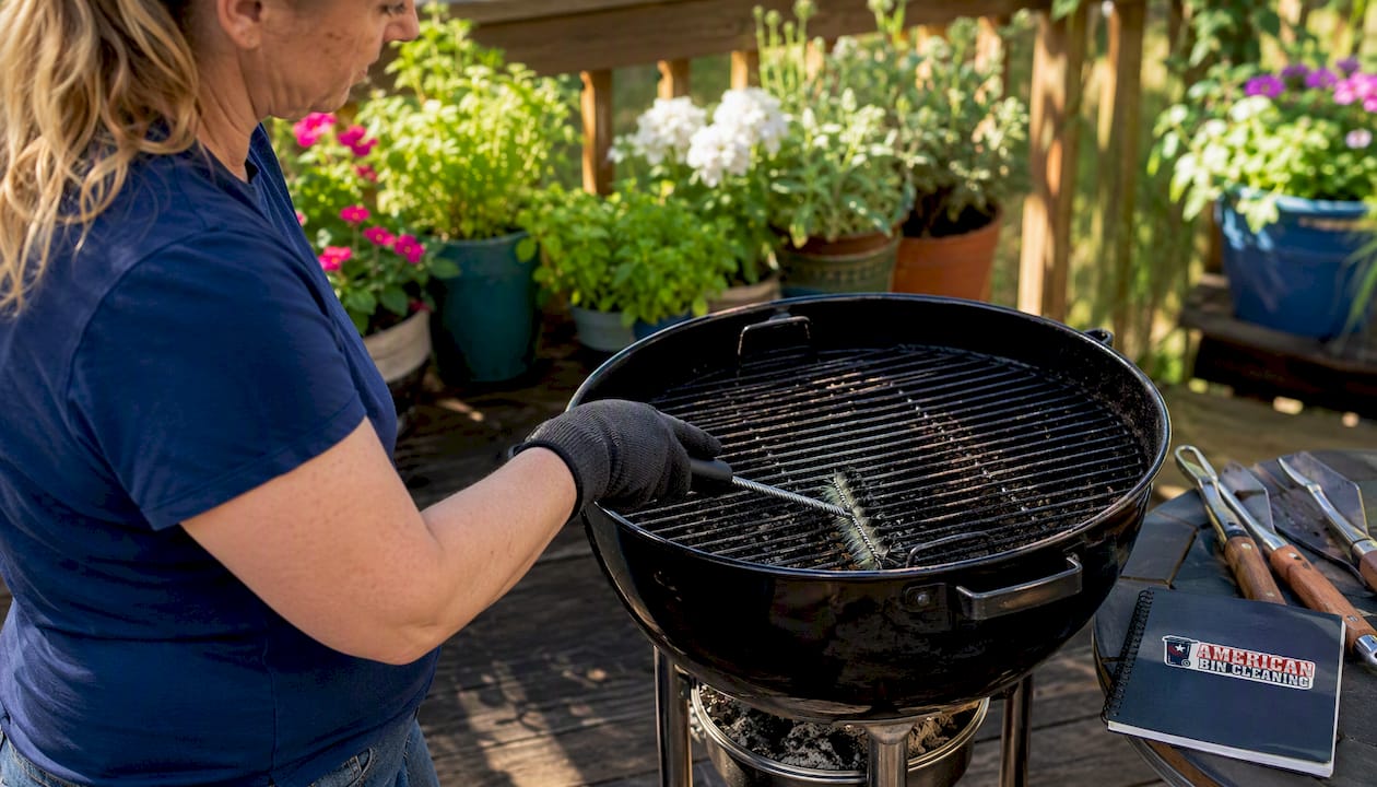 Woman brushing outdoor grill grate