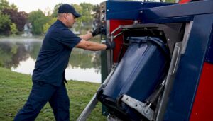 Eco-friendly curbside bin cleaning with sealed unit near lake