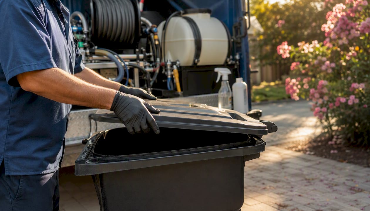 Technician opening sanitized dry trash bin after cleaning
