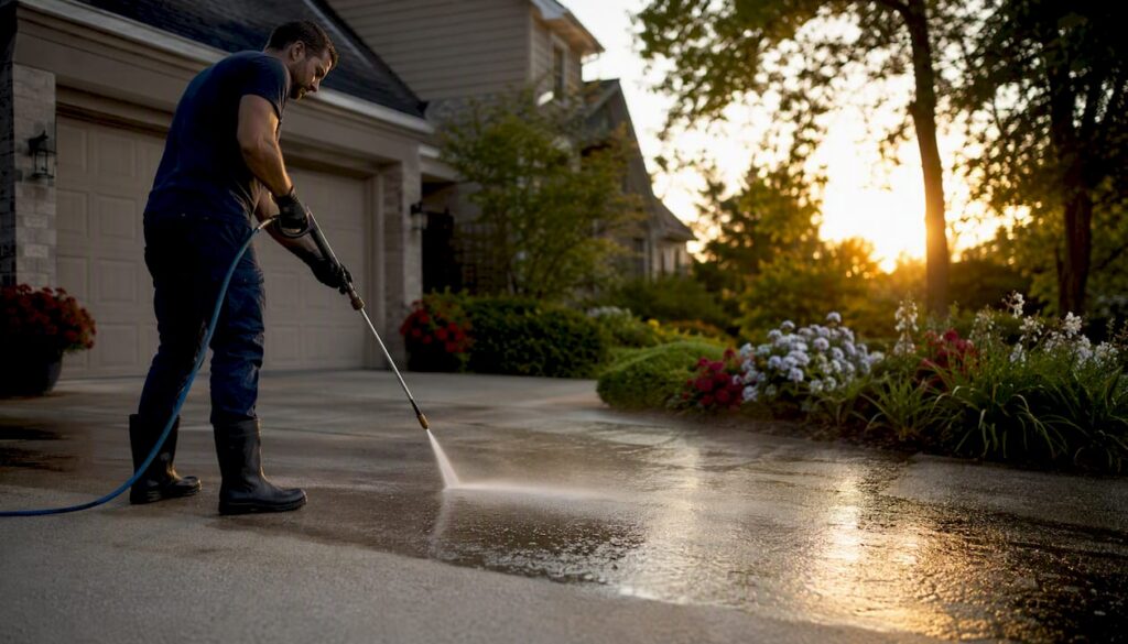 Technician pressure washing a concrete driveway