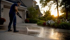 Technician pressure washing a concrete driveway