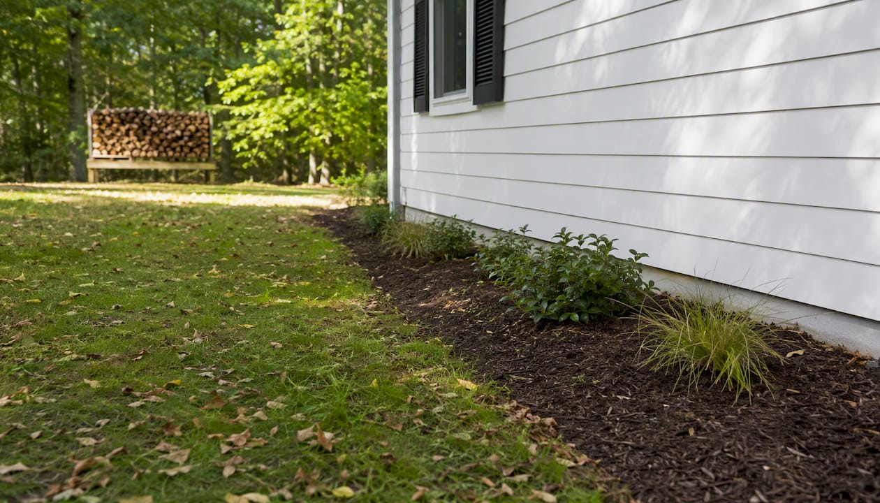 Mulch pulled back and firewood stack in yard