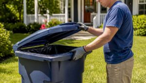 Homeowner securing trash bin lid outdoors