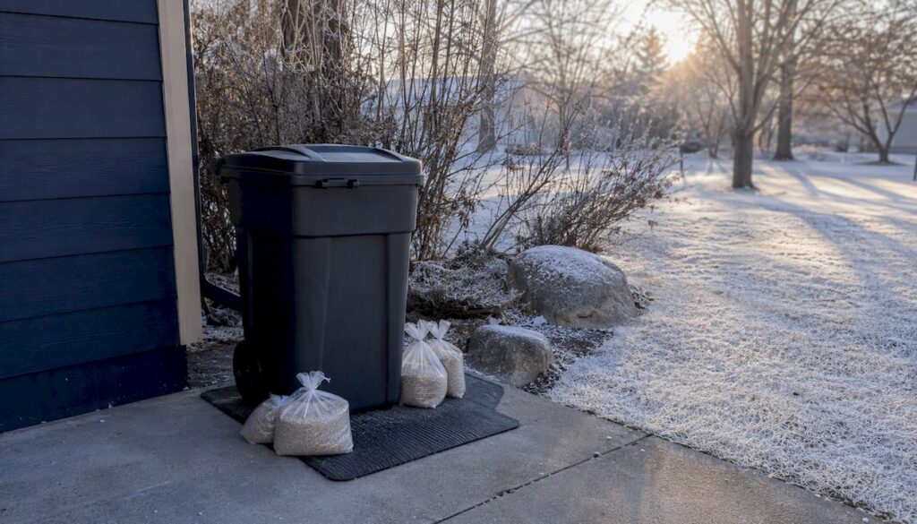 Winter residential garbage bin elevated and dry