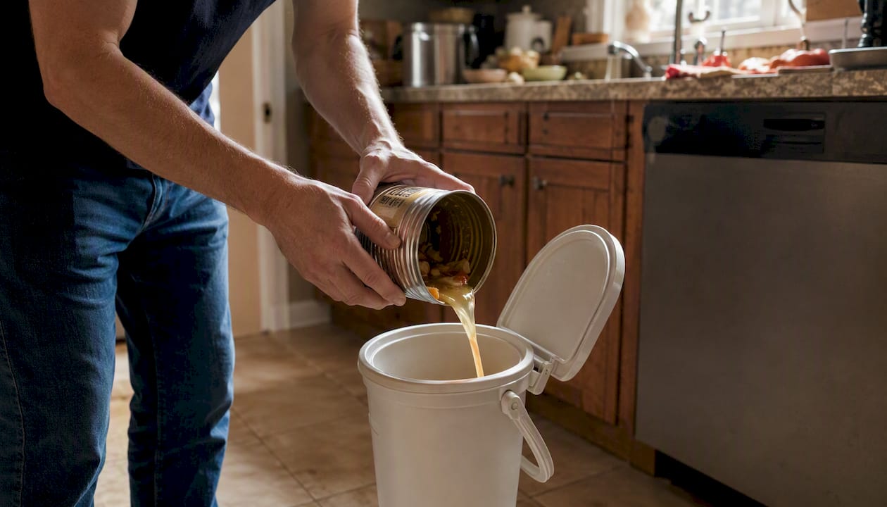 Hands pouring liquid from can into kitchen bucket