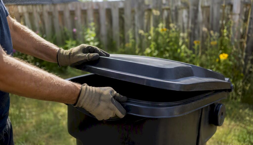 Hands securely closing an outdoor garbage bin