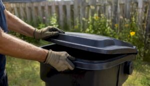 Hands securely closing an outdoor garbage bin