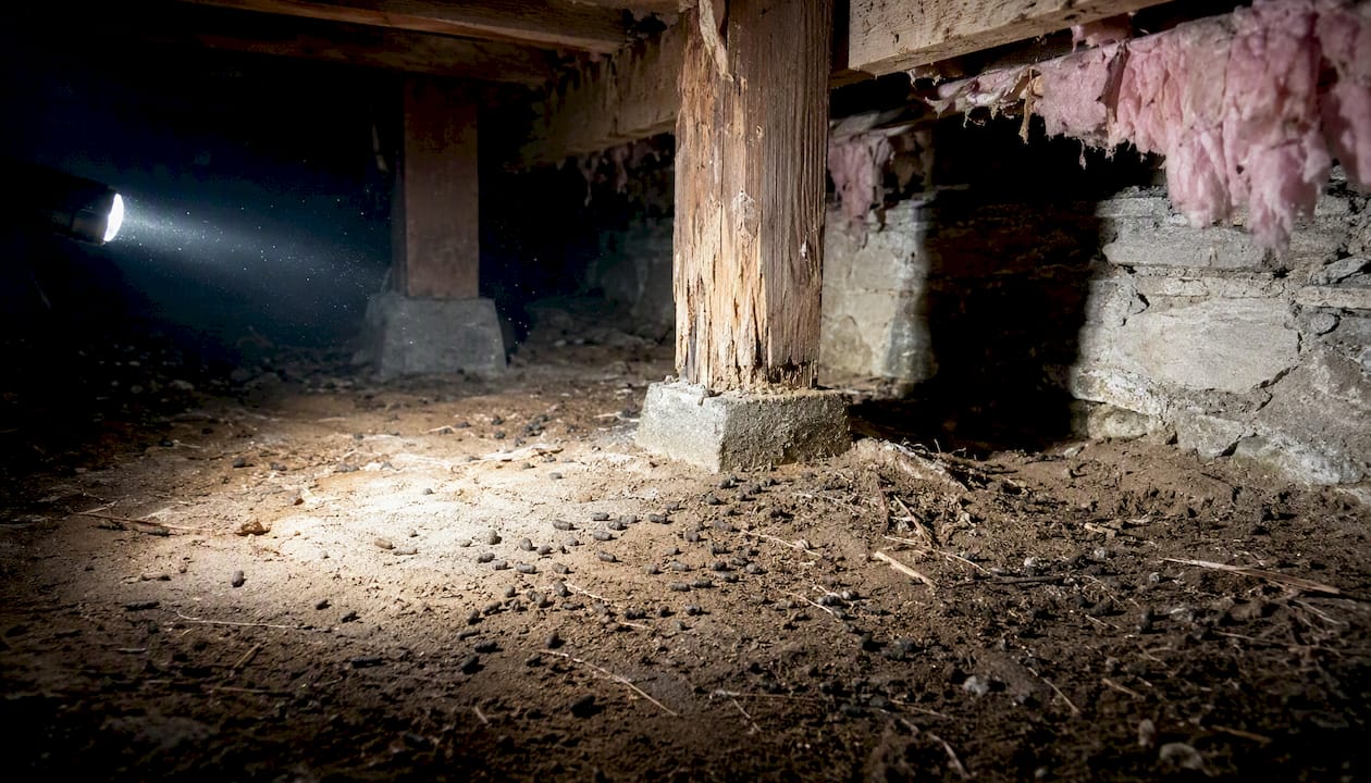 Rodent droppings and gnaw marks in crawlspace