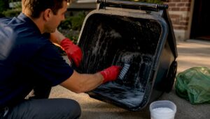 Hands scrubbing inside a trash bin with soap
