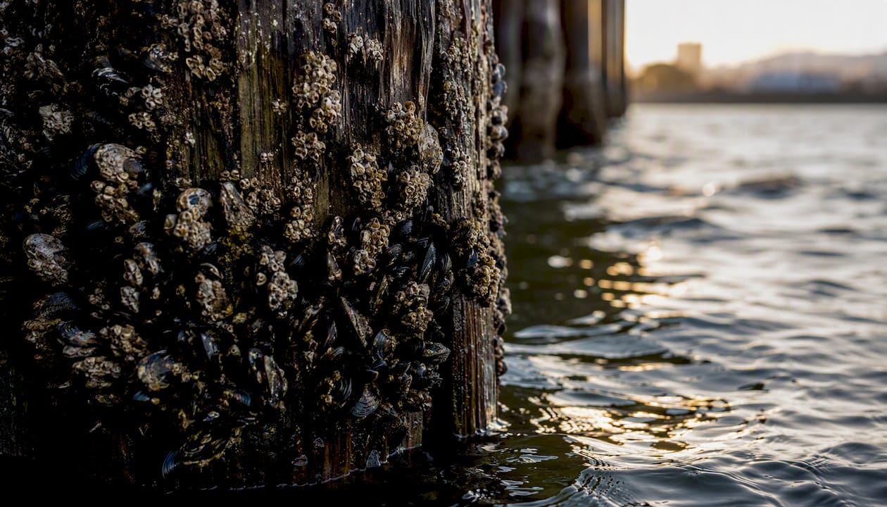 Barnacles and mussels on wooden piling
