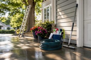 Outdoor cleaning tools set on driveway at suburban home
