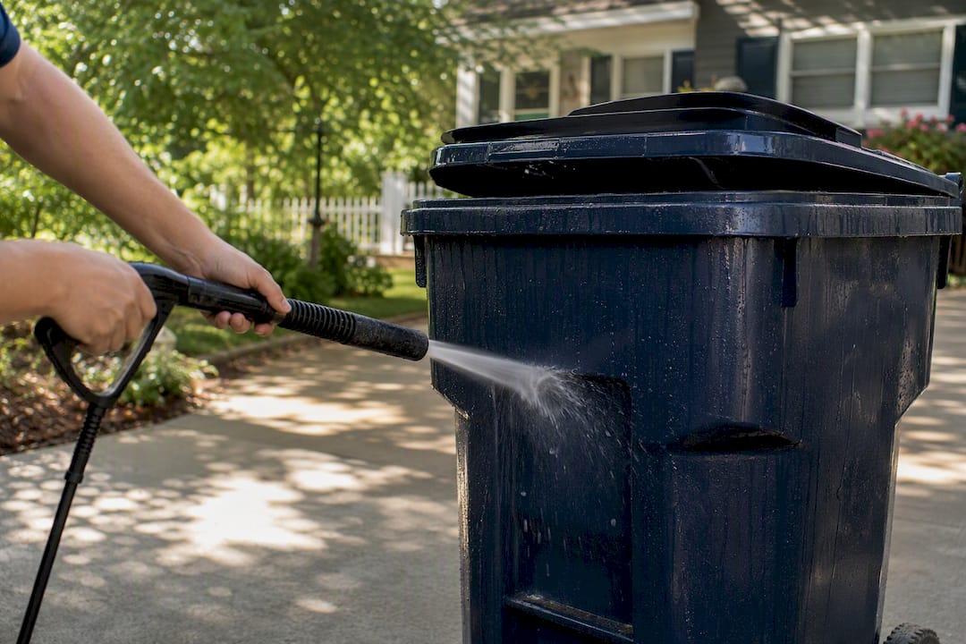 Cleaning trash bin with pressure washer outdoors