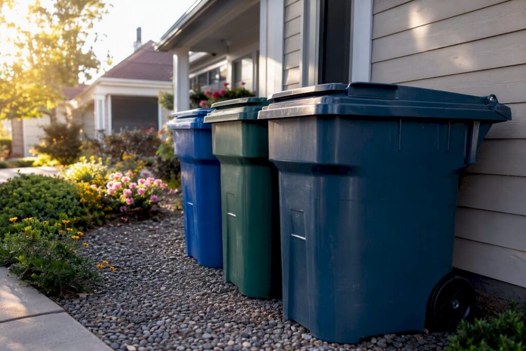 Sealed garbage cans neatly placed outdoors
