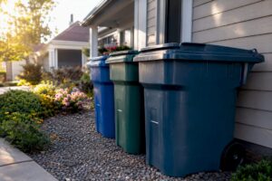 Sealed garbage cans neatly placed outdoors