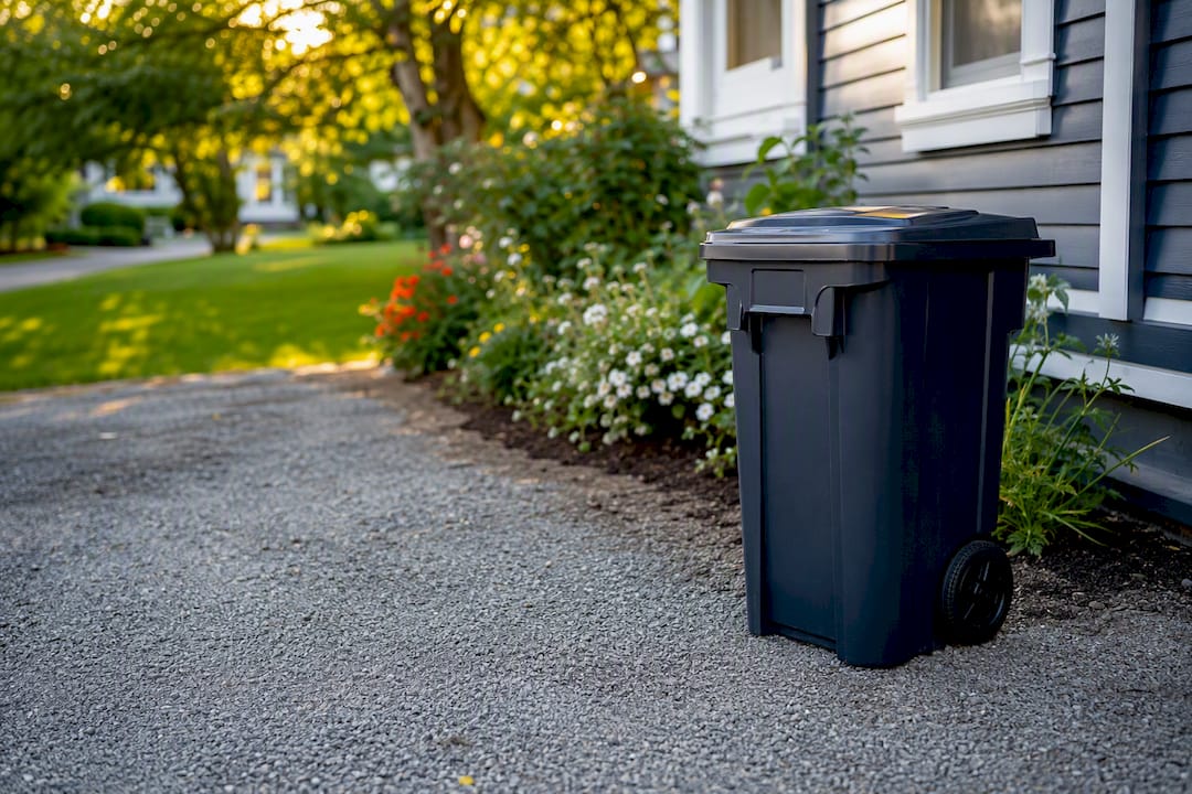 Garbage bin set on gravel away from house