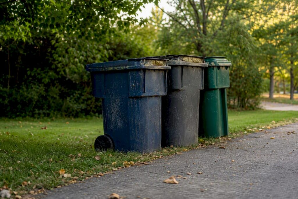 Garbage bins with visible outdoor contamination on driveway