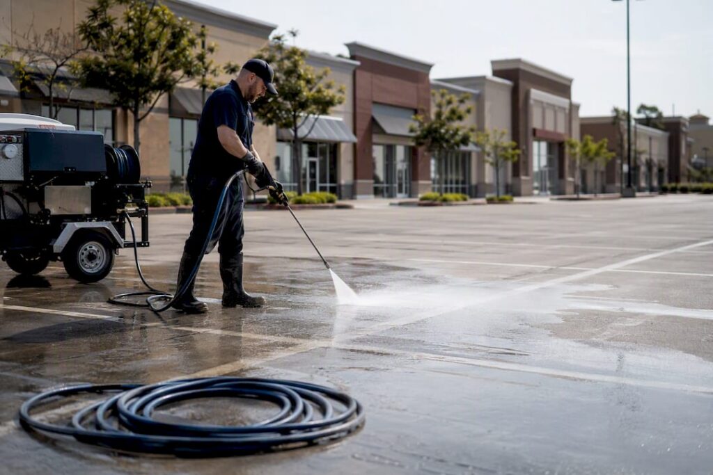 Pressure washing commercial parking lot surface