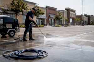 Pressure washing commercial parking lot surface