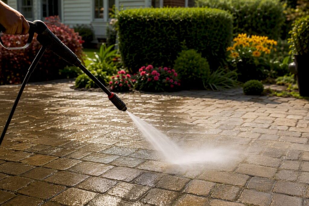 Pressure washer cleaning stone patio pavers