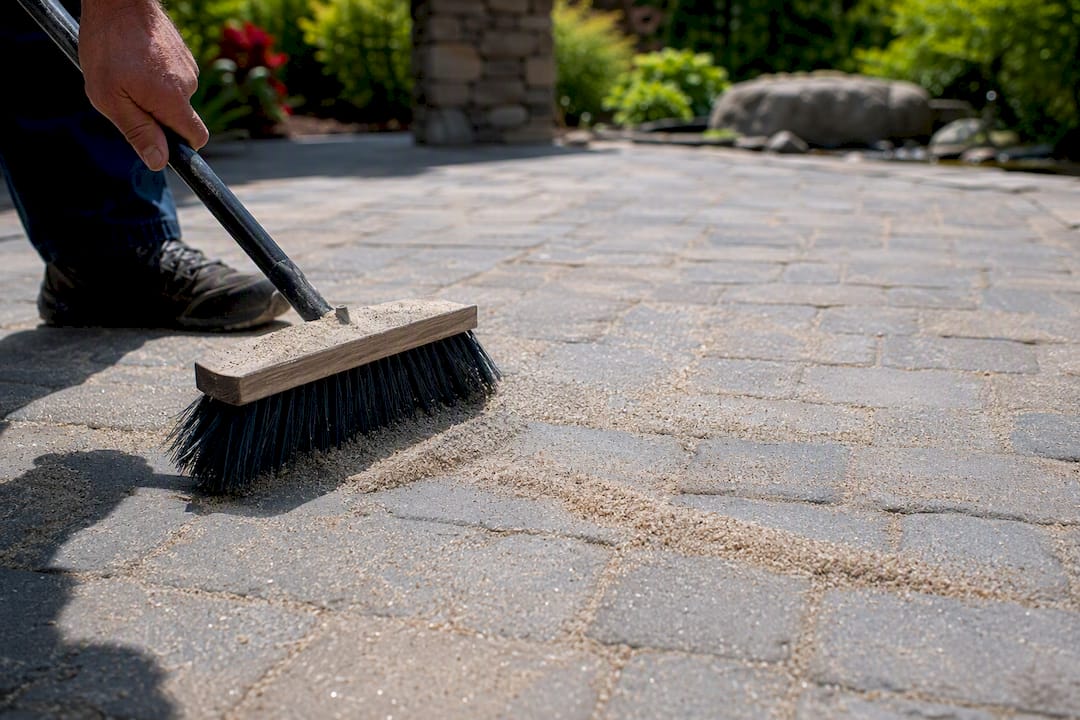 Hand sweeping polymeric sand into patio paver joints