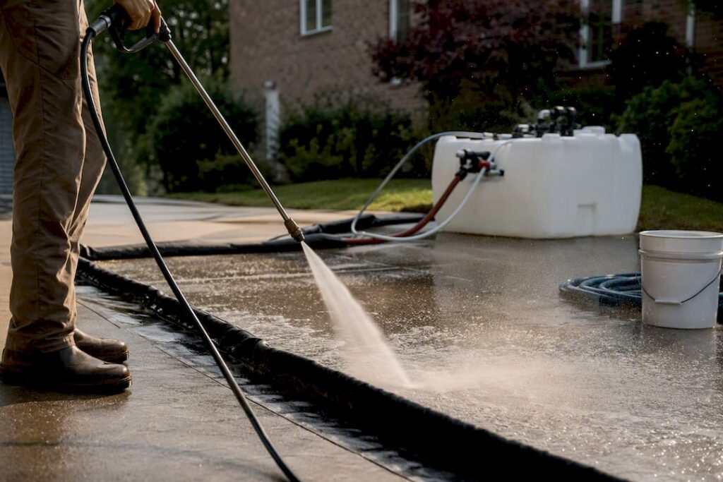 Pressure washer recovering wastewater on driveway