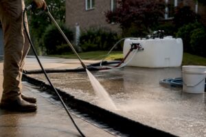 Pressure washer recovering wastewater on driveway