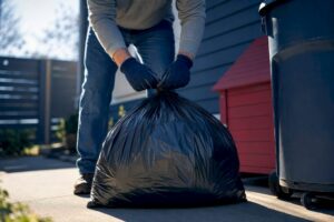 Sealed waste bag beside outdoor garbage container