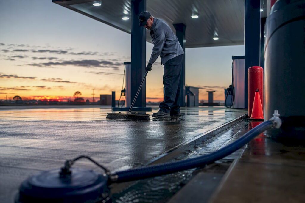 Technician preparing gas station wash with water capture