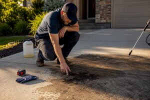 Contractor inspecting stained concrete driveway