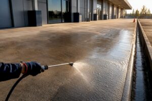 Crew pressure washing commercial concrete area