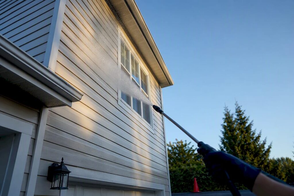 Crew cleaning two-story home siding
