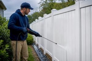 Homeowner pressure washing a PVC fence panel