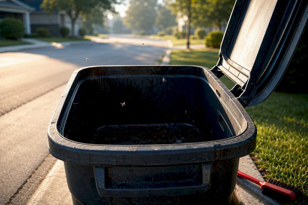 Flies hovering over residue inside trash bin