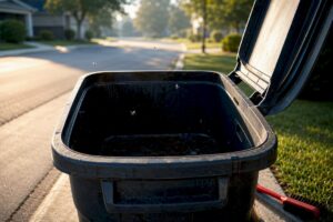 Flies hovering over residue inside trash bin