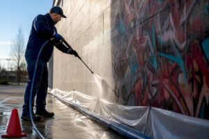 Operator pressure washing graffiti with containment