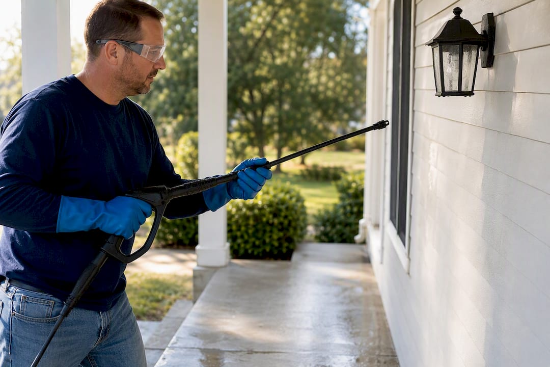 Homeowner using pressure washer safely