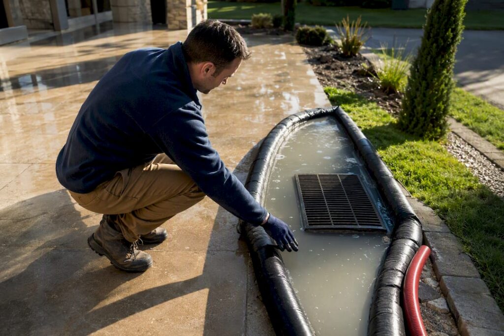 Contained pressure washing runoff near drain