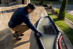 Contained pressure washing runoff near drain