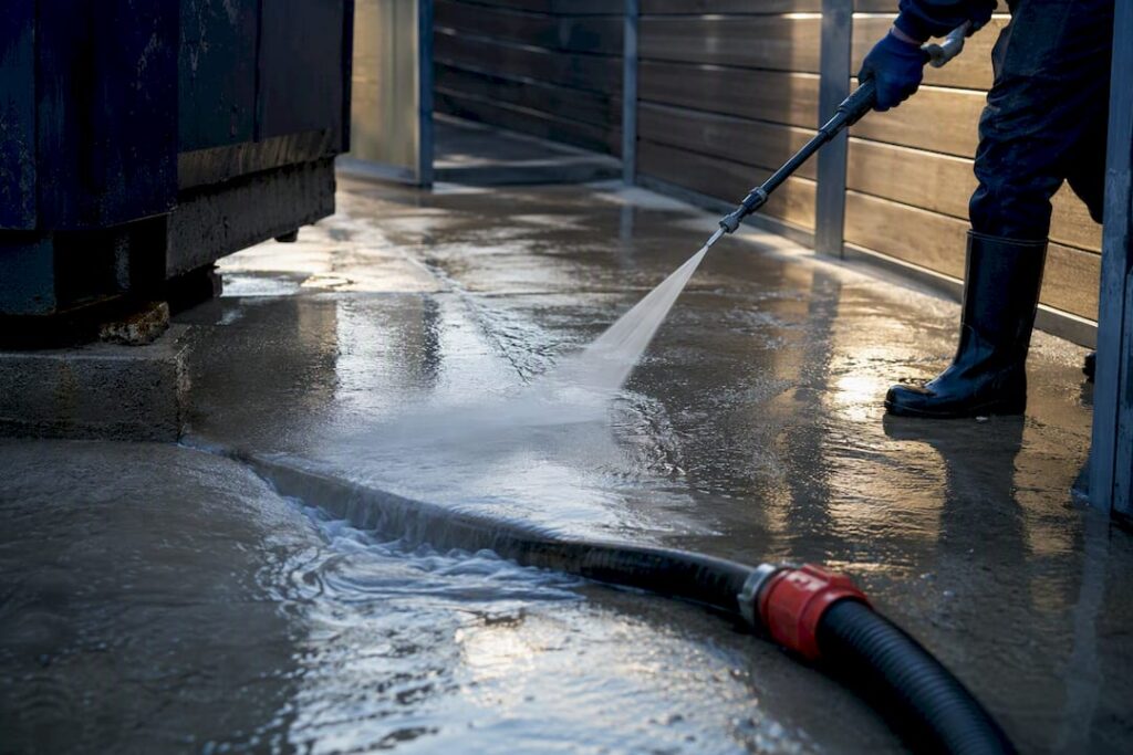 Commercial dumpster pad during pressure washing