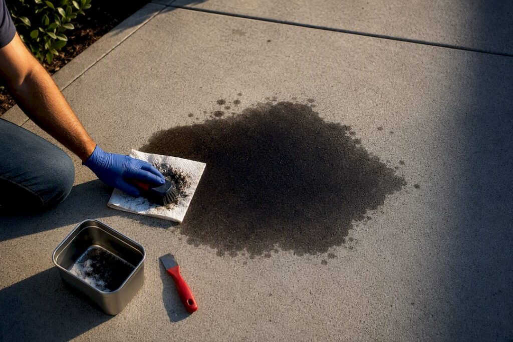 Homeowner treating oil stain on concrete driveway