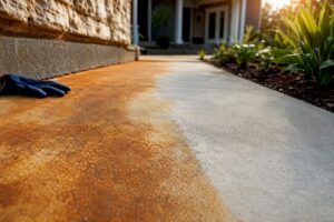 Rust stain fading on concrete walkway