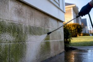 Low-pressure rinse removing mold from masonry