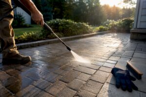 Controlled pressure washing across paver joints