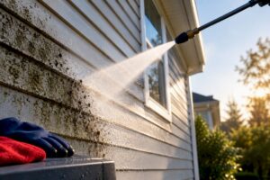 Hot water spray cleaning residential siding