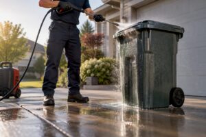 Technician pressure-cleaning one household trash bin