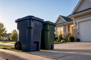 Trash carts positioned beside suburban home