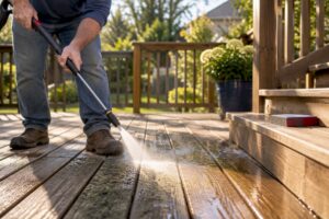 Homeowner testing pressure washer on deck board