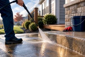 Pressure washing concrete steps outside suburban home