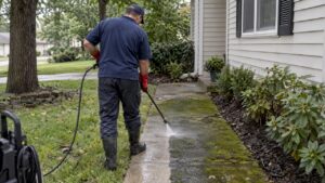 Technician pressure washing moss from concrete walkway